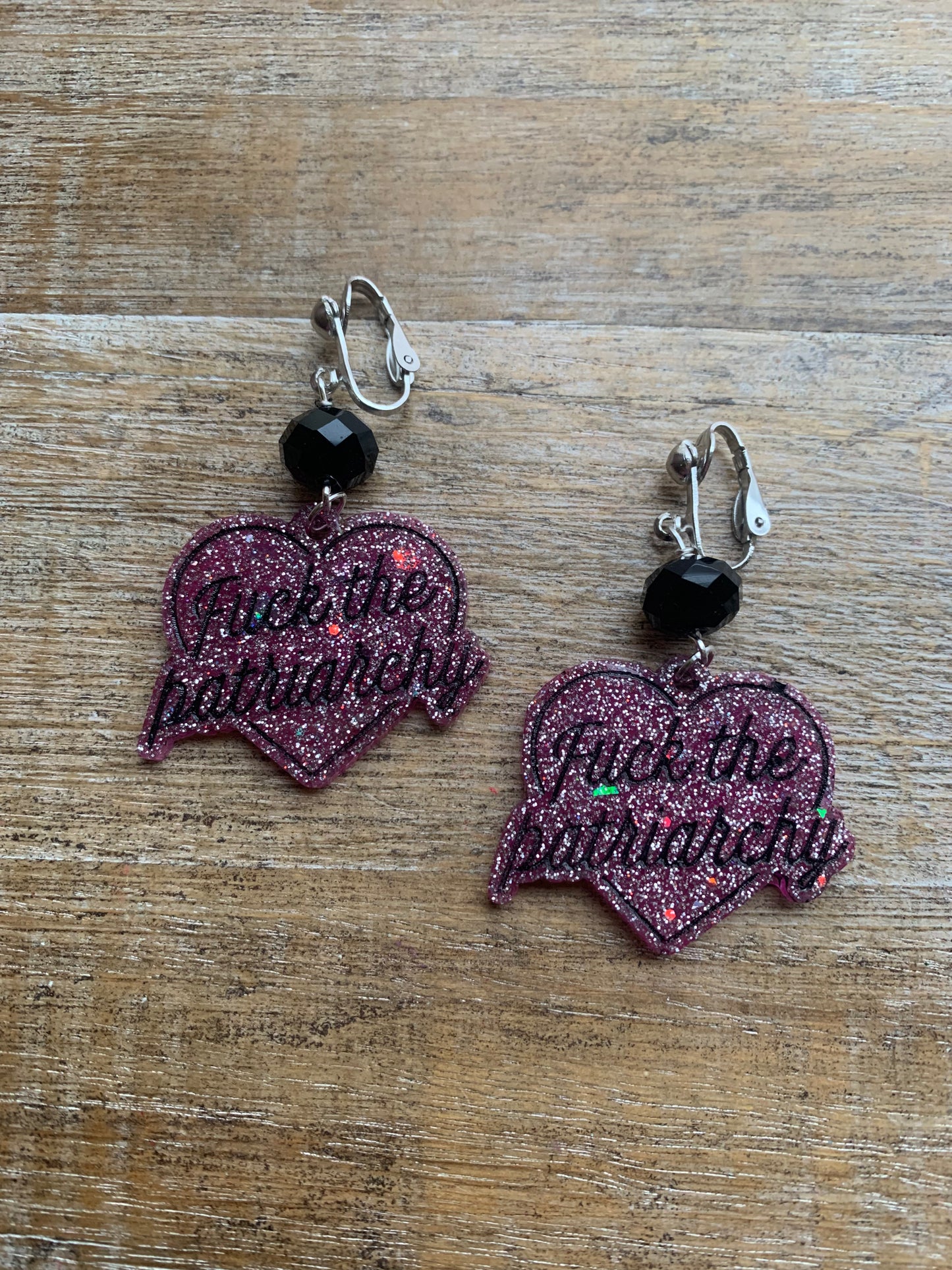 Fuck the Patriarchy Pink Glitter Heart Clip On Earrings Resin Tunnel Gauge Earrings