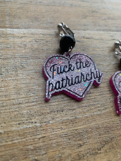 Fuck the Patriarchy Pink Glitter Heart Clip On Earrings Resin Tunnel Gauge Earrings