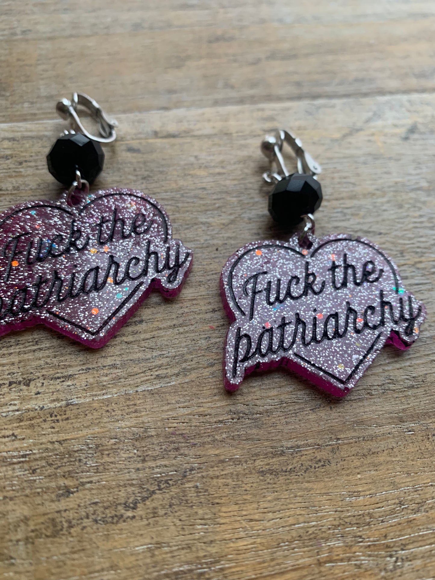 Fuck the Patriarchy Pink Glitter Heart Clip On Earrings Resin Tunnel Gauge Earrings