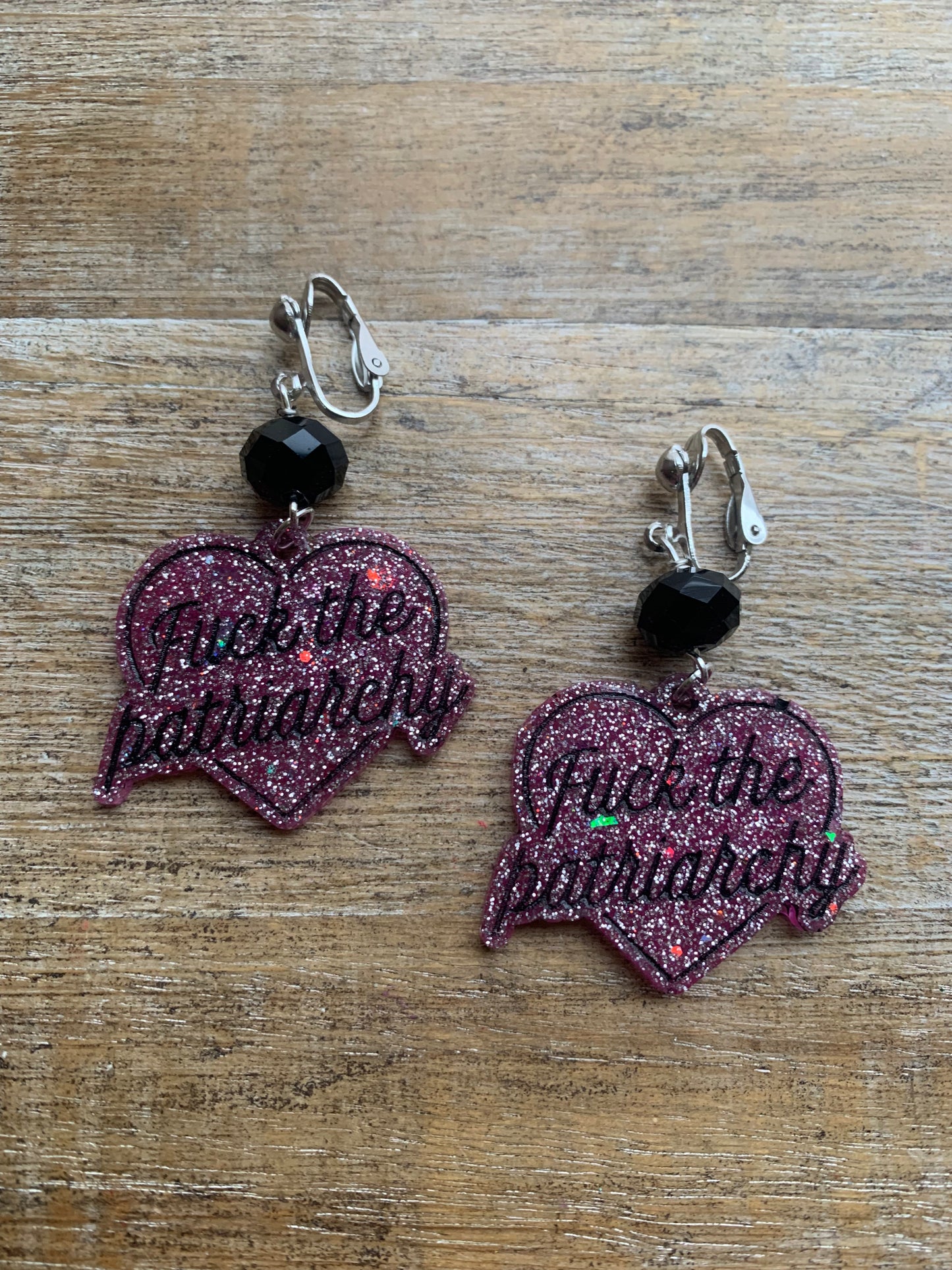 Fuck the Patriarchy Pink Glitter Heart Clip On Earrings Resin Tunnel Gauge Earrings