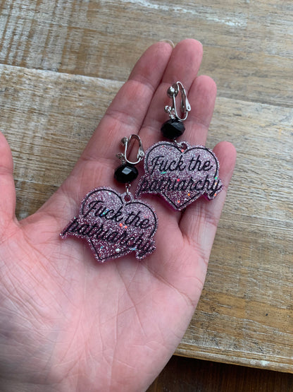 Fuck the Patriarchy Pink Glitter Heart Clip On Earrings Resin Tunnel Gauge Earrings