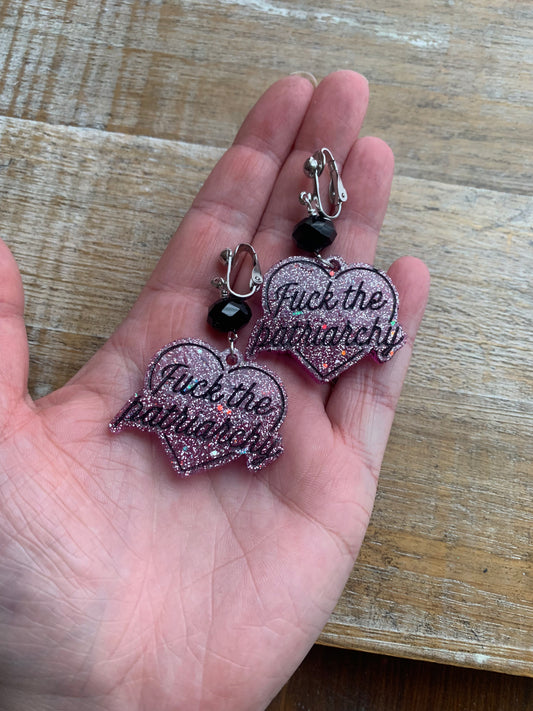 Fuck the Patriarchy Pink Glitter Heart Clip On Earrings Resin Tunnel Gauge Earrings