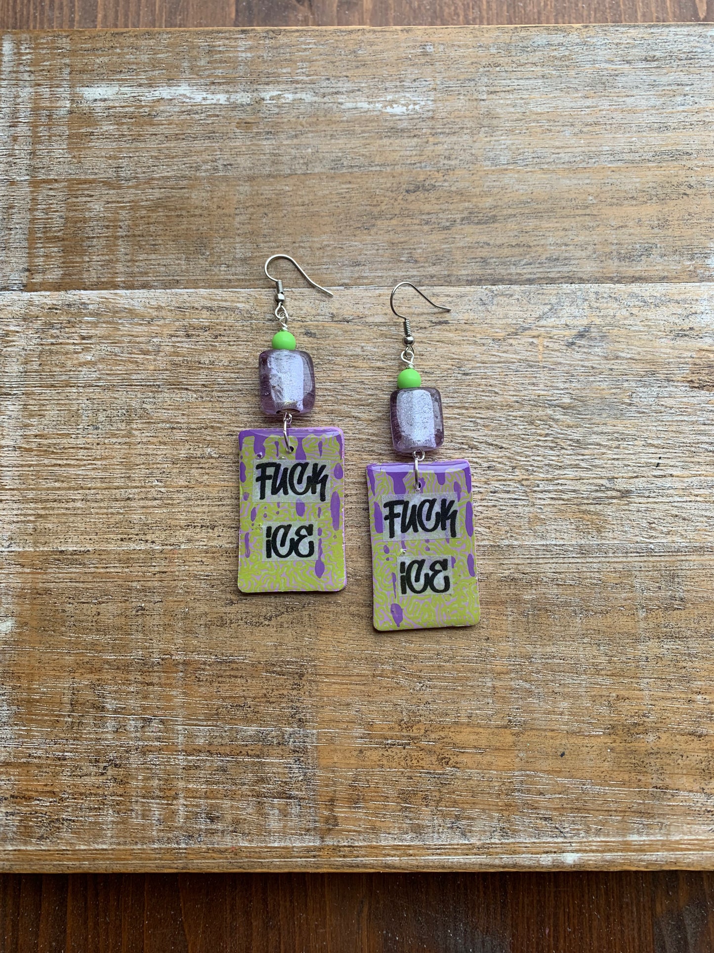 As-Is Fuck Ice Protest Activist Earrings Liberal Clip On Earrings Purple & Lime Green Gothic Ear Hangers