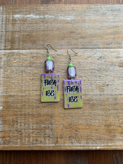 As-Is Fuck Ice Protest Activist Earrings Liberal Clip On Earrings Purple & Lime Green Gothic Ear Hangers