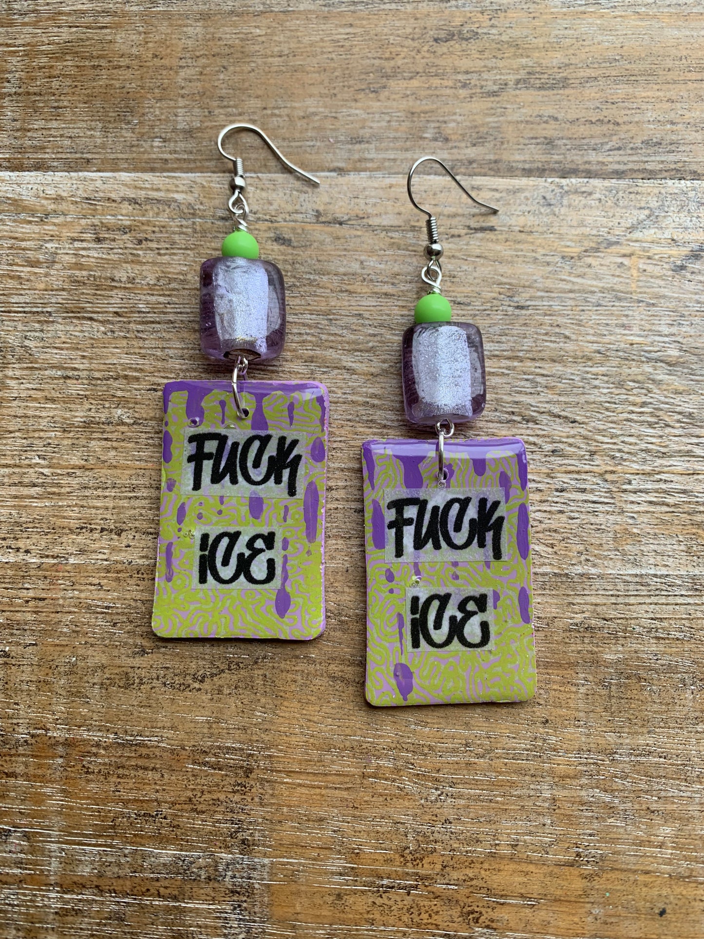 As-Is Fuck Ice Protest Activist Earrings Liberal Clip On Earrings Purple & Lime Green Gothic Ear Hangers