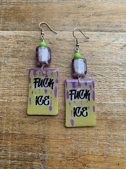 As-Is Fuck Ice Protest Activist Earrings Liberal Clip On Earrings Purple & Lime Green Gothic Ear Hangers