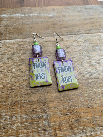 As-Is Fuck Ice Protest Activist Earrings Liberal Clip On Earrings Purple & Lime Green Gothic Ear Hangers