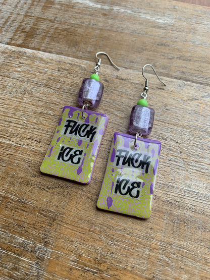 As-Is Fuck Ice Protest Activist Earrings Liberal Clip On Earrings Purple & Lime Green Gothic Ear Hangers