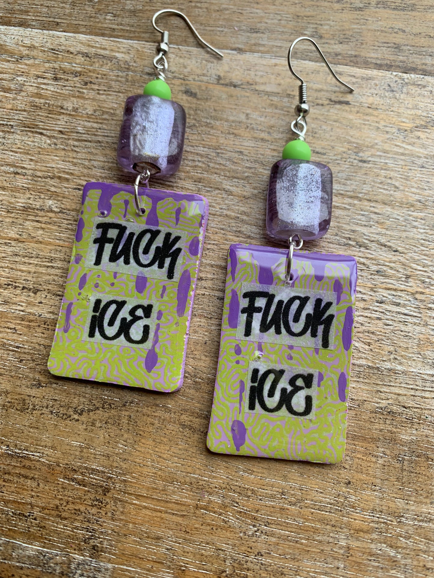 As-Is Fuck Ice Protest Activist Earrings Liberal Clip On Earrings Purple & Lime Green Gothic Ear Hangers
