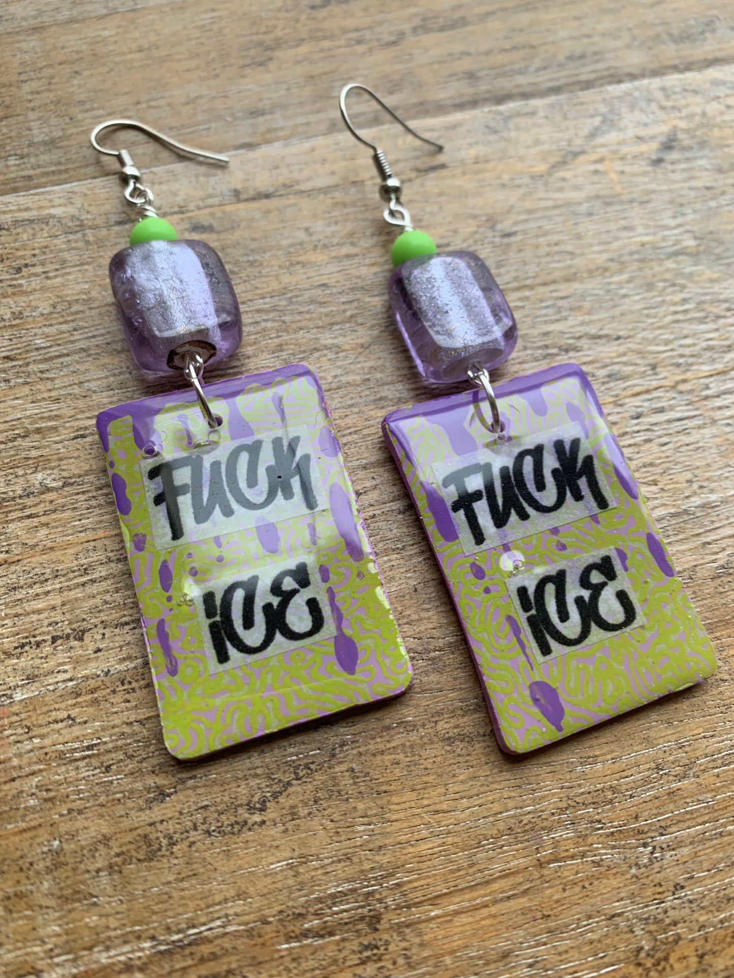 As-Is Fuck Ice Protest Activist Earrings Liberal Clip On Earrings Purple & Lime Green Gothic Ear Hangers