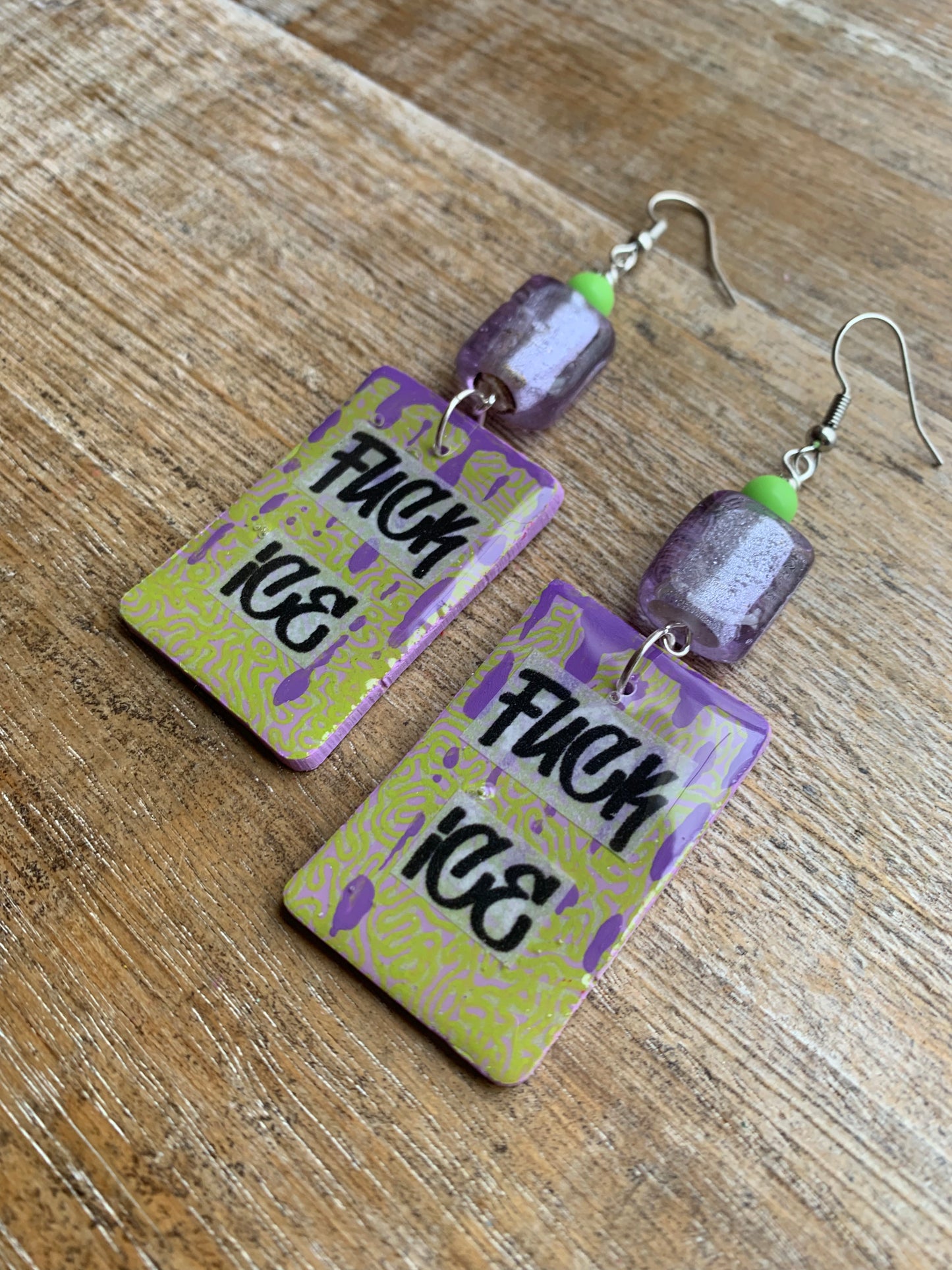 As-Is Fuck Ice Protest Activist Earrings Liberal Clip On Earrings Purple & Lime Green Gothic Ear Hangers