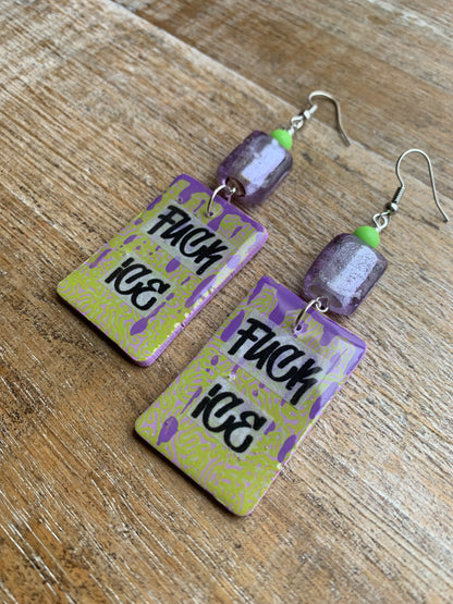 As-Is Fuck Ice Protest Activist Earrings Liberal Clip On Earrings Purple & Lime Green Gothic Ear Hangers