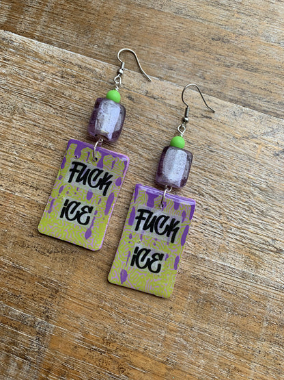 As-Is Fuck Ice Protest Activist Earrings Liberal Clip On Earrings Purple & Lime Green Gothic Ear Hangers