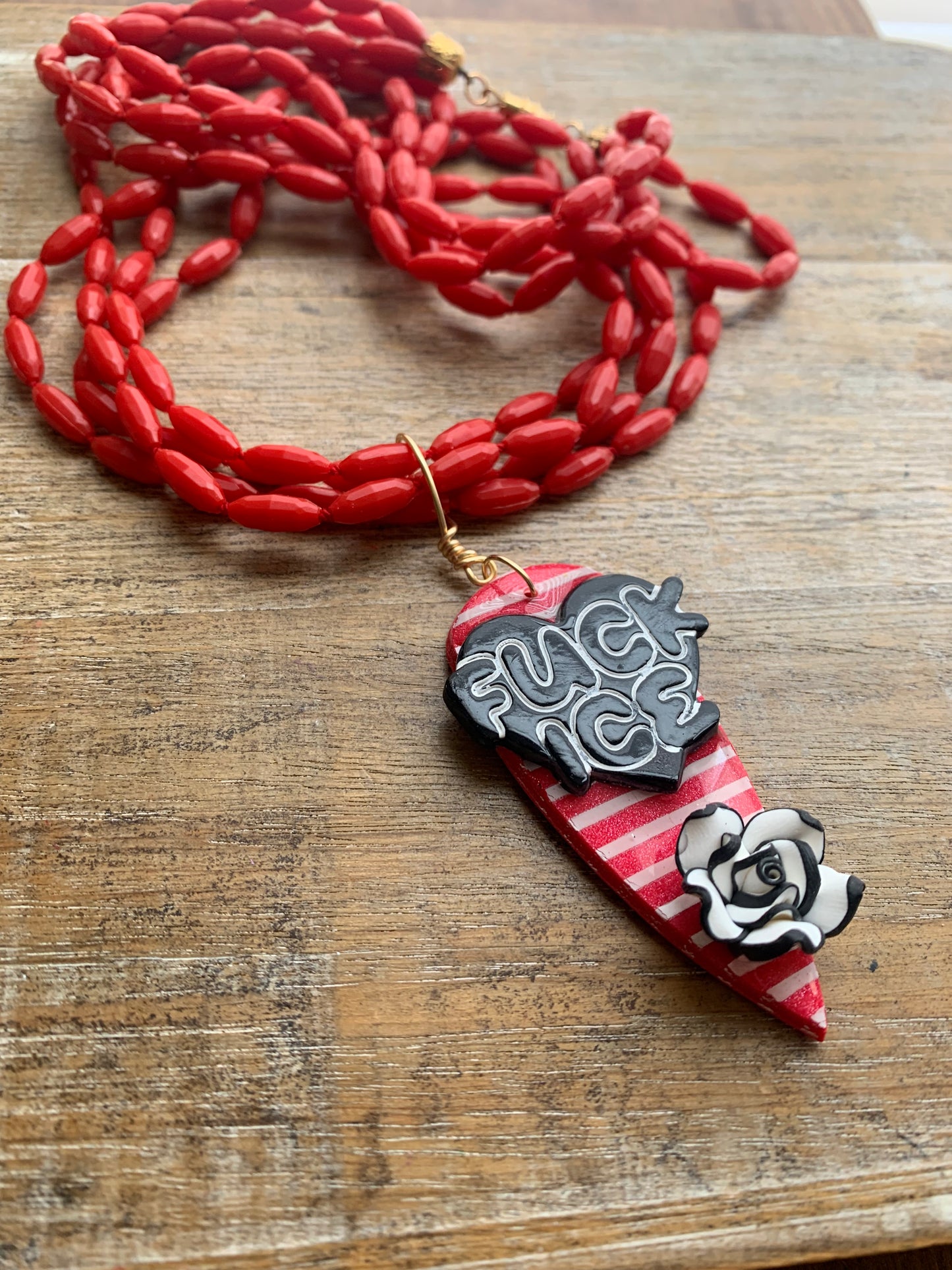 Fuck Ice Multi Strand Upcycled Red & Black Clay Vintage Beaded Protest Necklace