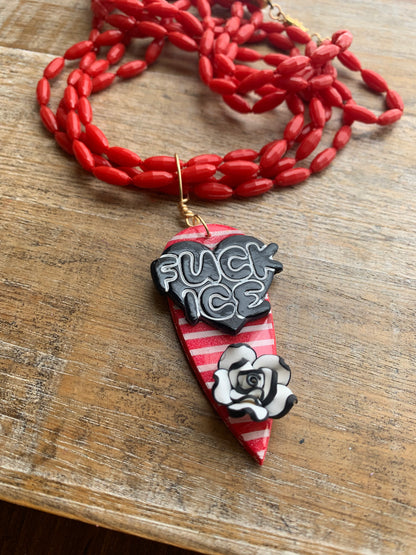 Fuck Ice Multi Strand Upcycled Red & Black Clay Vintage Beaded Protest Necklace