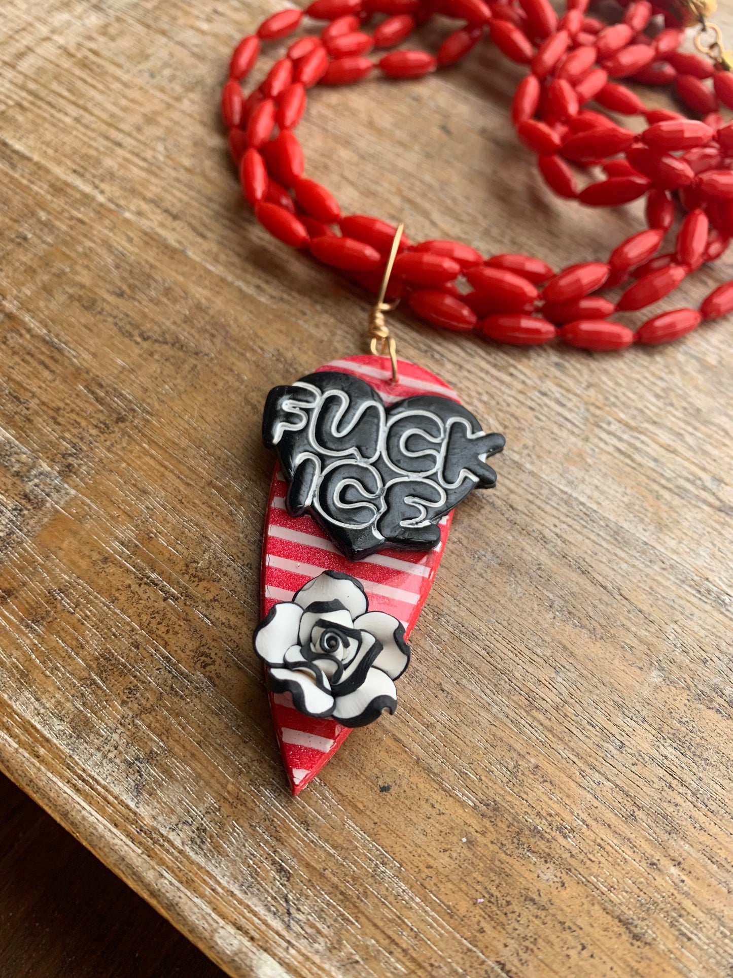 Fuck Ice Multi Strand Upcycled Red & Black Clay Vintage Beaded Protest Necklace