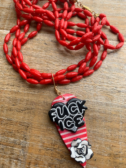 Fuck Ice Multi Strand Upcycled Red & Black Clay Vintage Beaded Protest Necklace