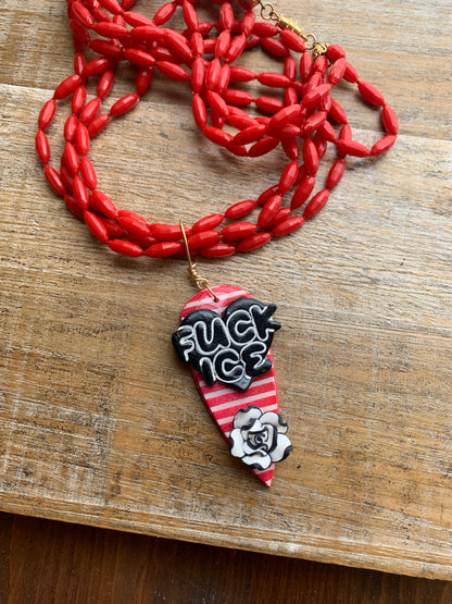 Fuck Ice Multi Strand Upcycled Red & Black Clay Vintage Beaded Protest Necklace
