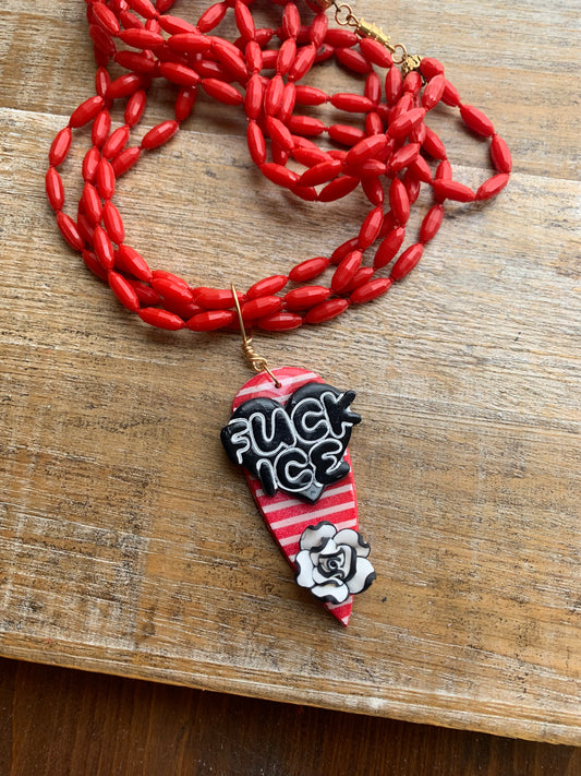 Fuck Ice Multi Strand Upcycled Red & Black Clay Vintage Beaded Protest Necklace