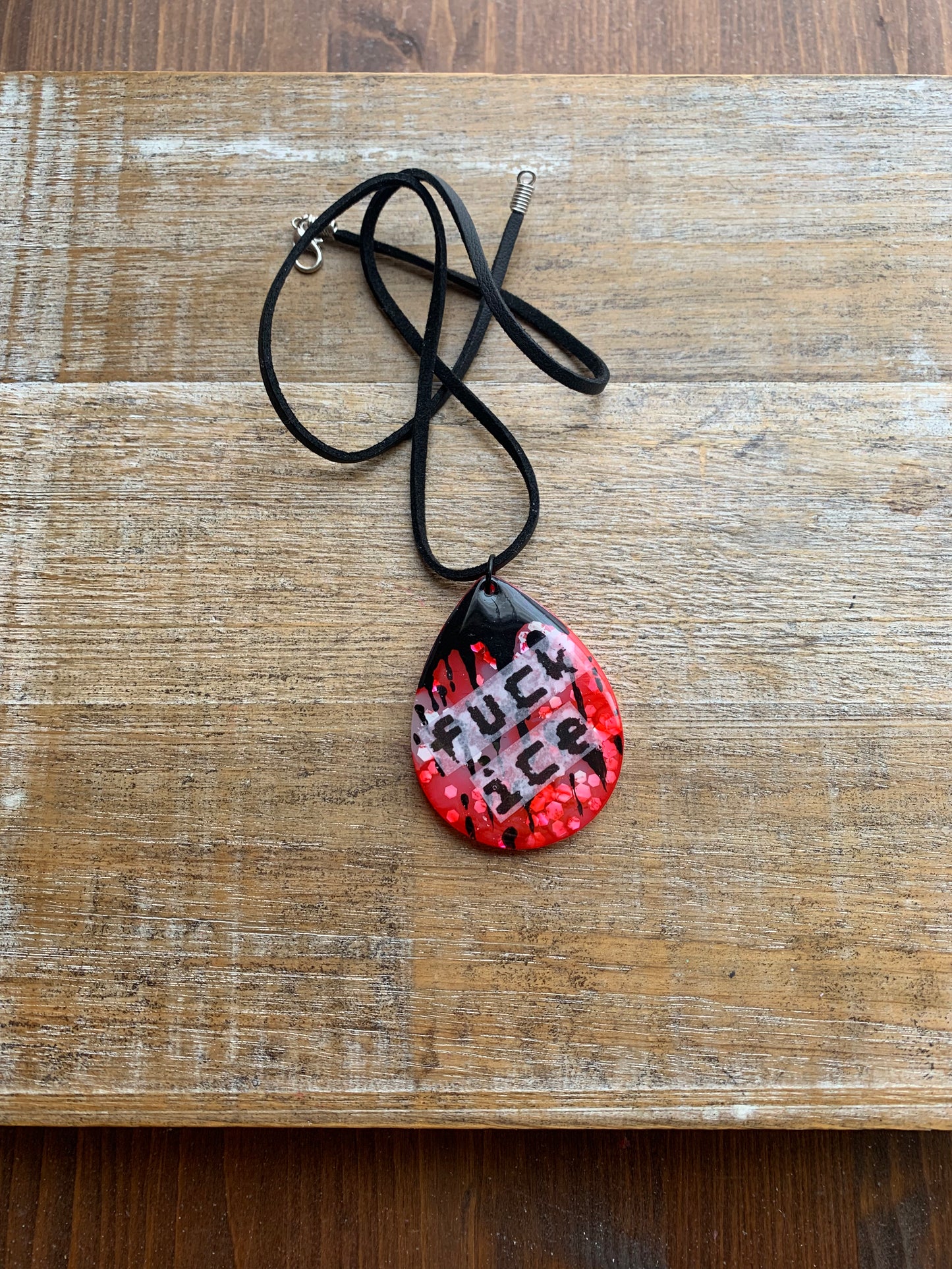 Fuck Ice Red & Black Resin Painted Bloody Gothic Cord Protest Necklace
