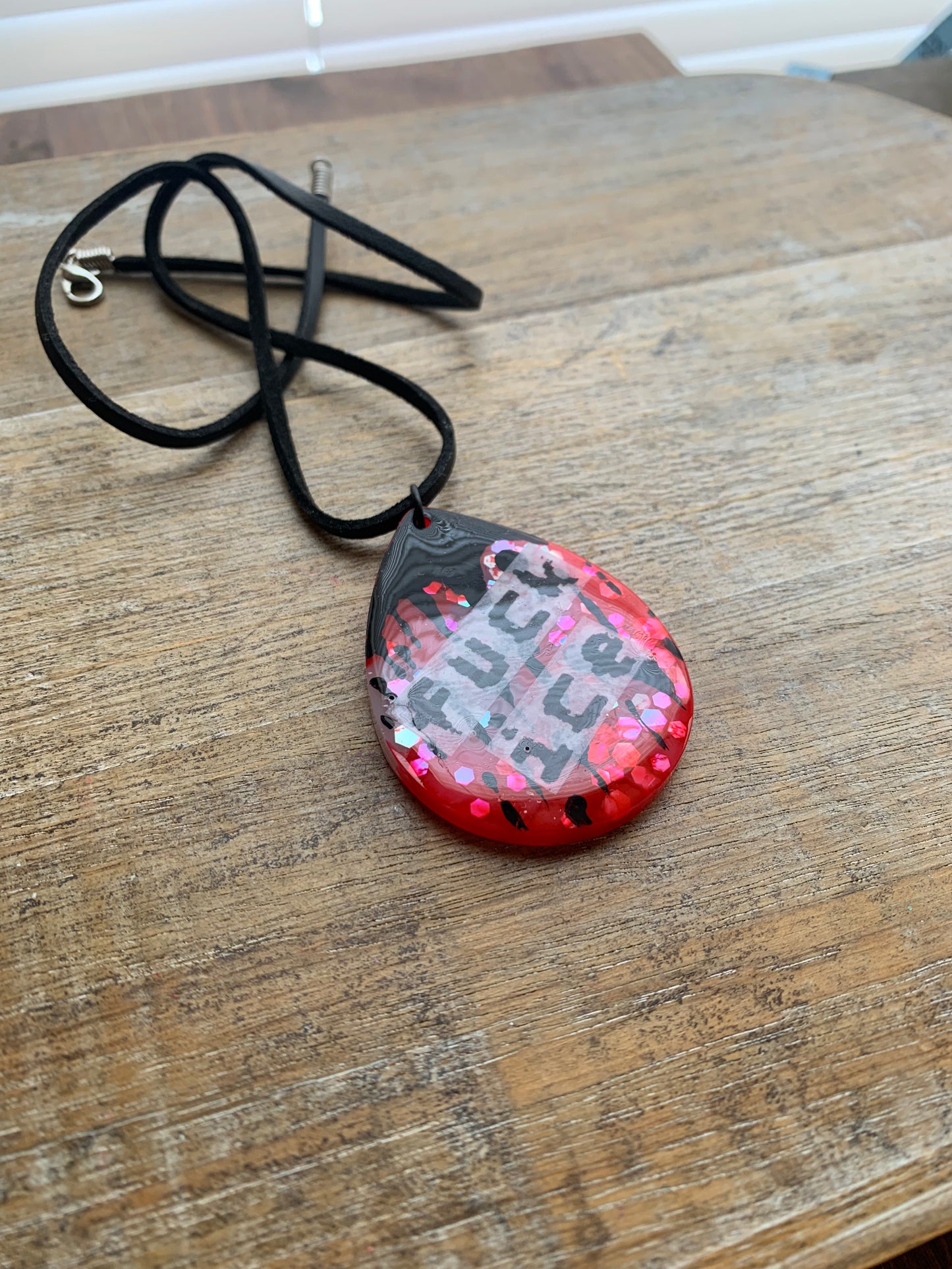 Fuck Ice Red & Black Resin Painted Bloody Gothic Cord Protest Necklace