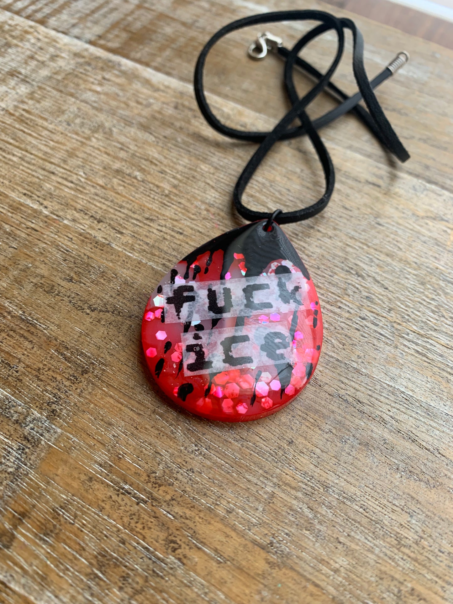Fuck Ice Red & Black Resin Painted Bloody Gothic Cord Protest Necklace
