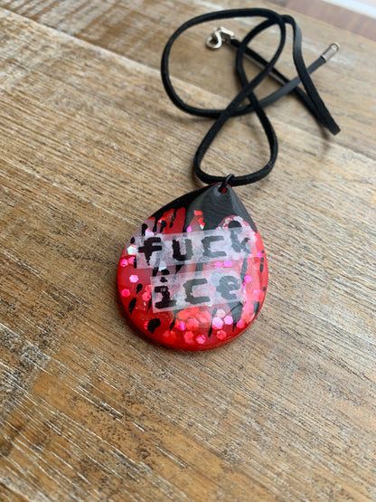Fuck Ice Red & Black Resin Painted Bloody Gothic Cord Protest Necklace