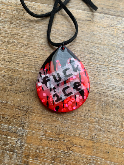 Fuck Ice Red & Black Resin Painted Bloody Gothic Cord Protest Necklace