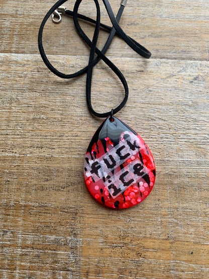 Fuck Ice Red & Black Resin Painted Bloody Gothic Cord Protest Necklace