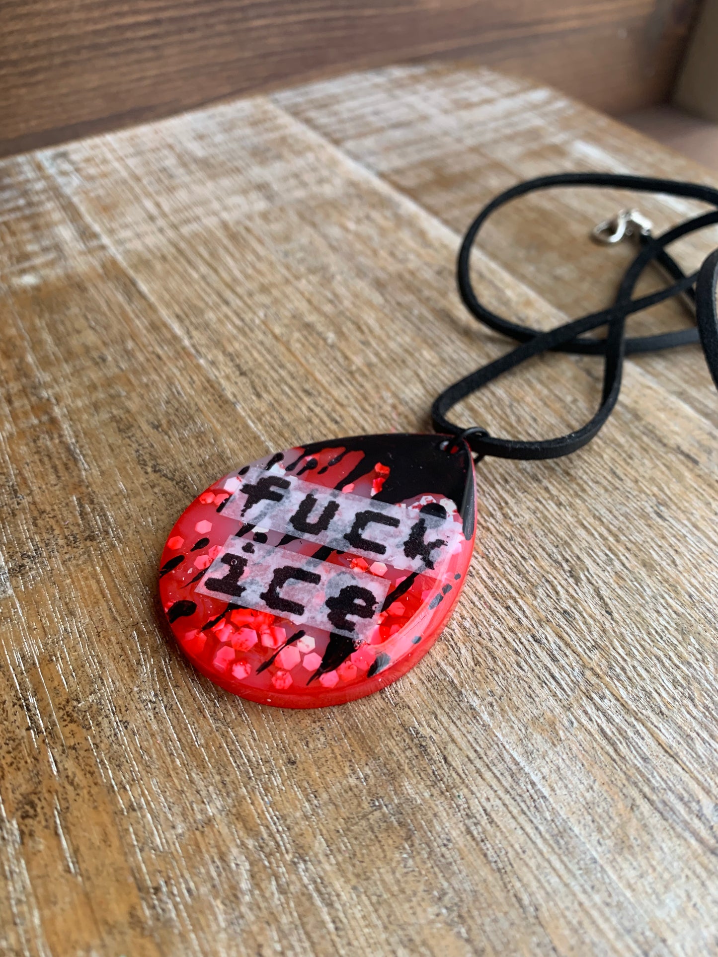 Fuck Ice Red & Black Resin Painted Bloody Gothic Cord Protest Necklace