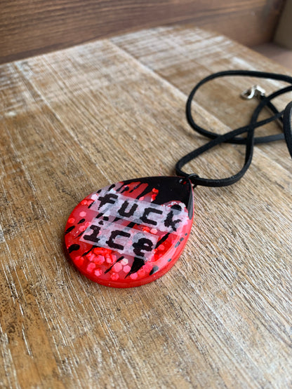 Fuck Ice Red & Black Resin Painted Bloody Gothic Cord Protest Necklace