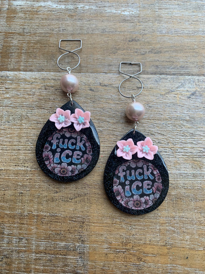 Fuck Ice Protest Activist Tunnel Gauge Earrings Liberal Clip On Earrings Punk Pink Glitter