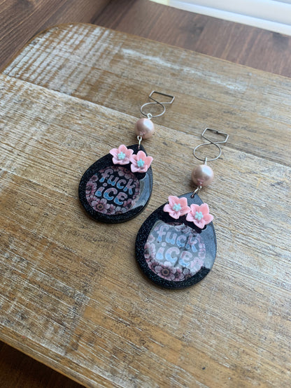Fuck Ice Protest Activist Tunnel Gauge Earrings Liberal Clip On Earrings Punk Pink Glitter
