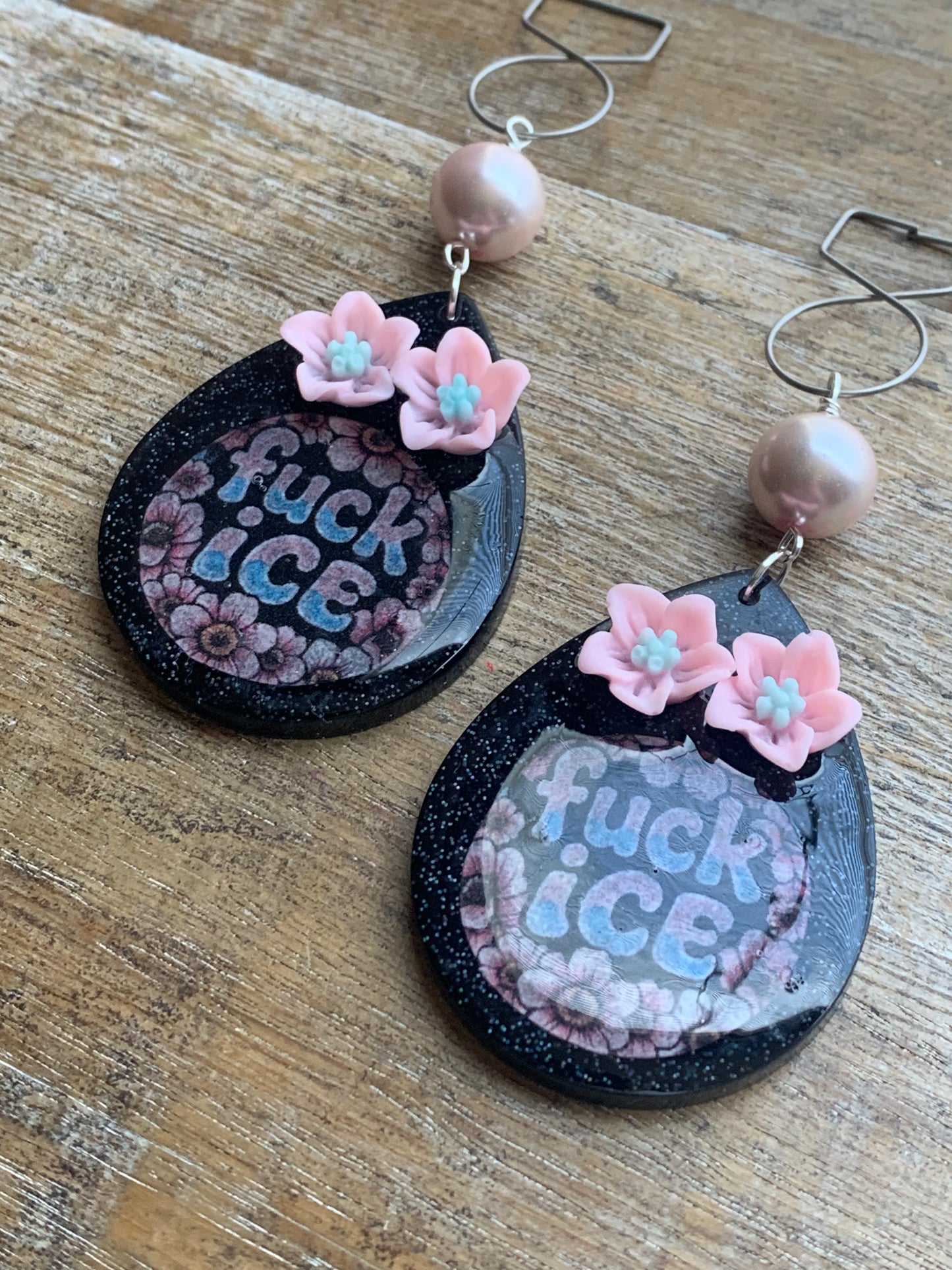 Fuck Ice Protest Activist Tunnel Gauge Earrings Liberal Clip On Earrings Punk Pink Glitter