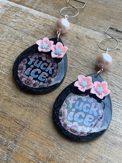 Fuck Ice Protest Activist Tunnel Gauge Earrings Liberal Clip On Earrings Punk Pink Glitter