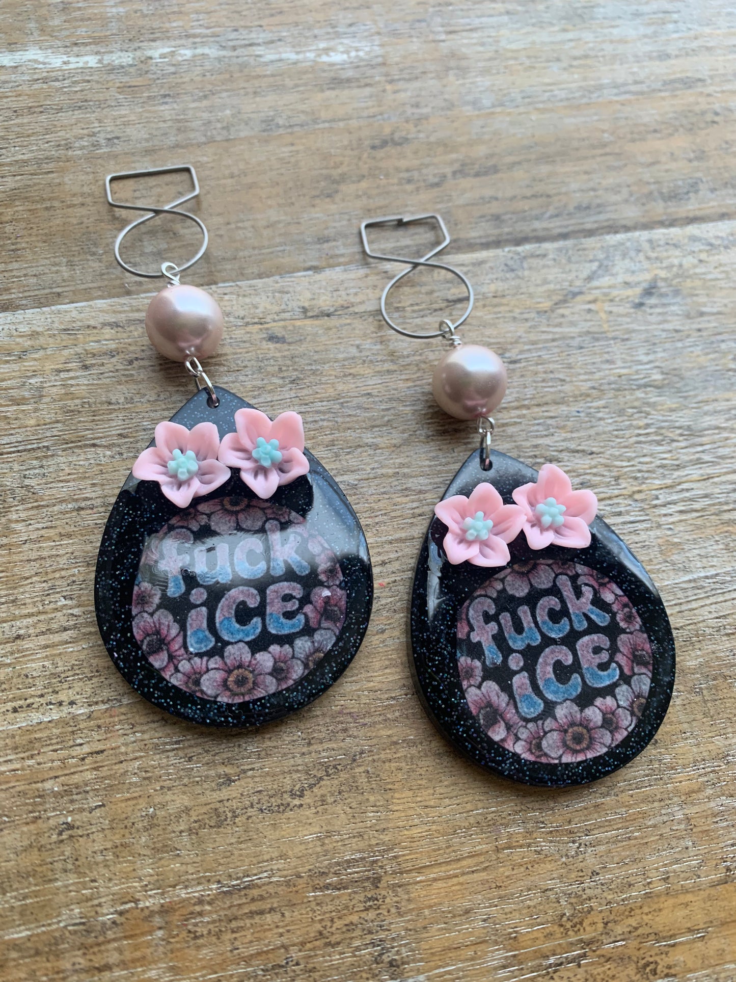Fuck Ice Protest Activist Tunnel Gauge Earrings Liberal Clip On Earrings Punk Pink Glitter