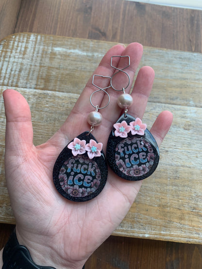 Fuck Ice Protest Activist Tunnel Gauge Earrings Liberal Clip On Earrings Punk Pink Glitter