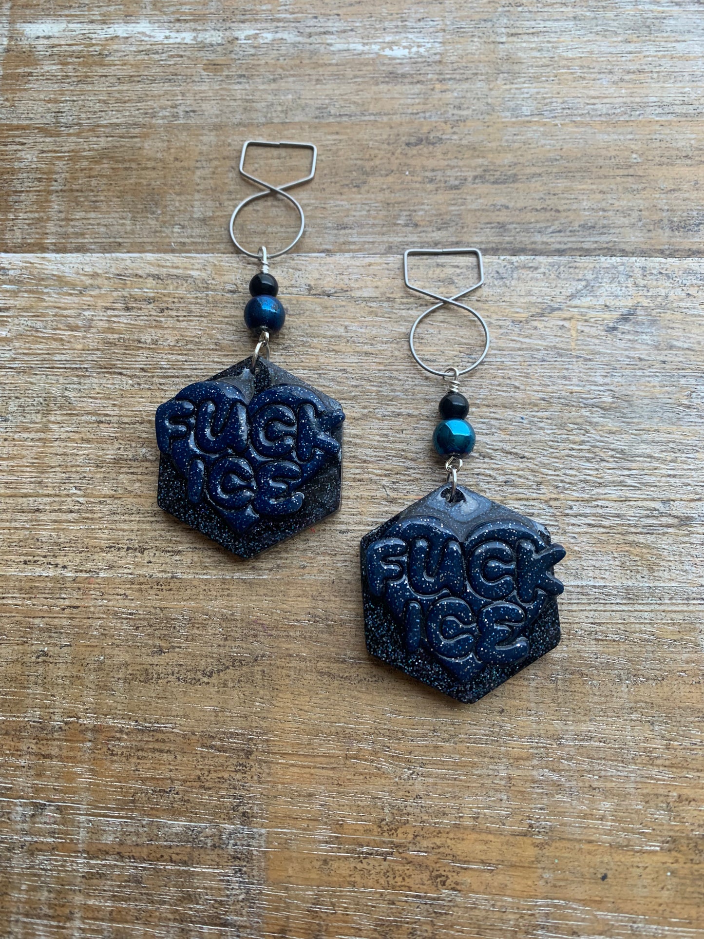Fuck Ice Protest Activist Tunnel Gauge Earrings Liberal Clip On Earrings Black & Blue Gothic