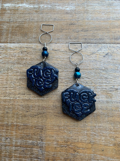 Fuck Ice Protest Activist Tunnel Gauge Earrings Liberal Clip On Earrings Black & Blue Gothic