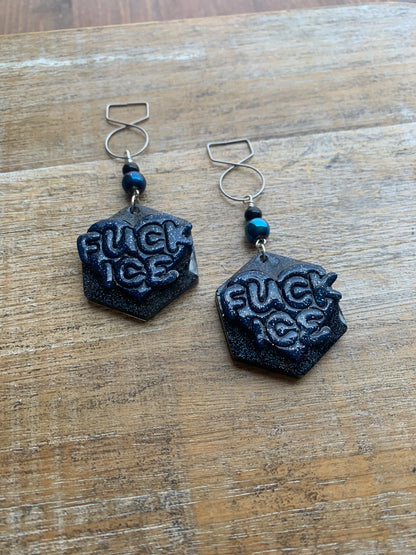 Fuck Ice Protest Activist Tunnel Gauge Earrings Liberal Clip On Earrings Black & Blue Gothic