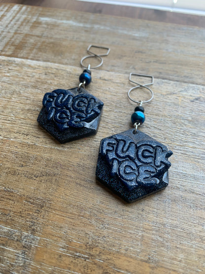 Fuck Ice Protest Activist Tunnel Gauge Earrings Liberal Clip On Earrings Black & Blue Gothic