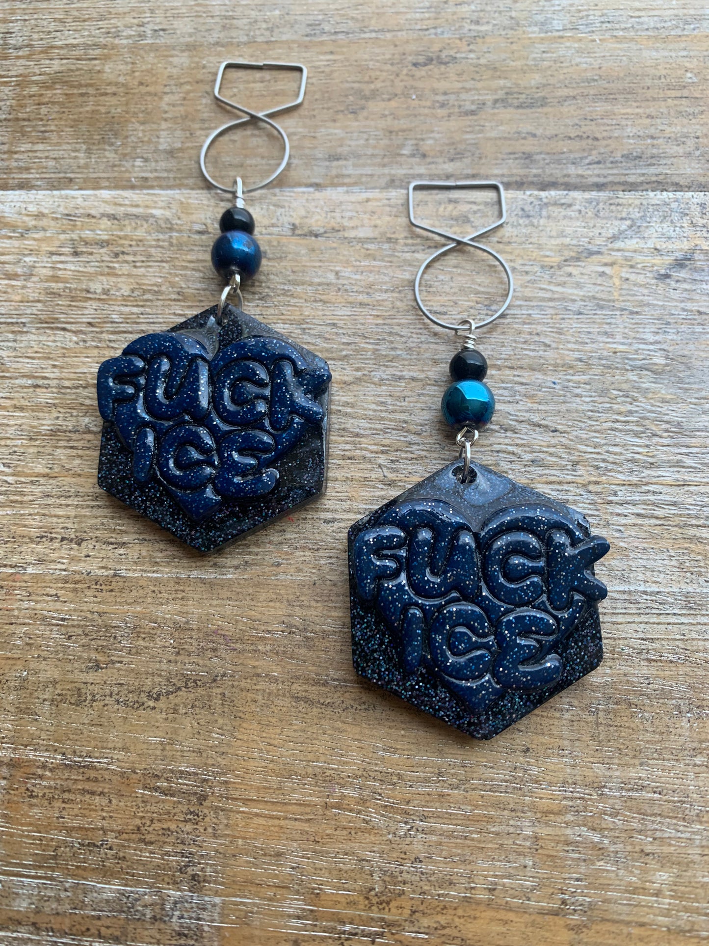 Fuck Ice Protest Activist Tunnel Gauge Earrings Liberal Clip On Earrings Black & Blue Gothic