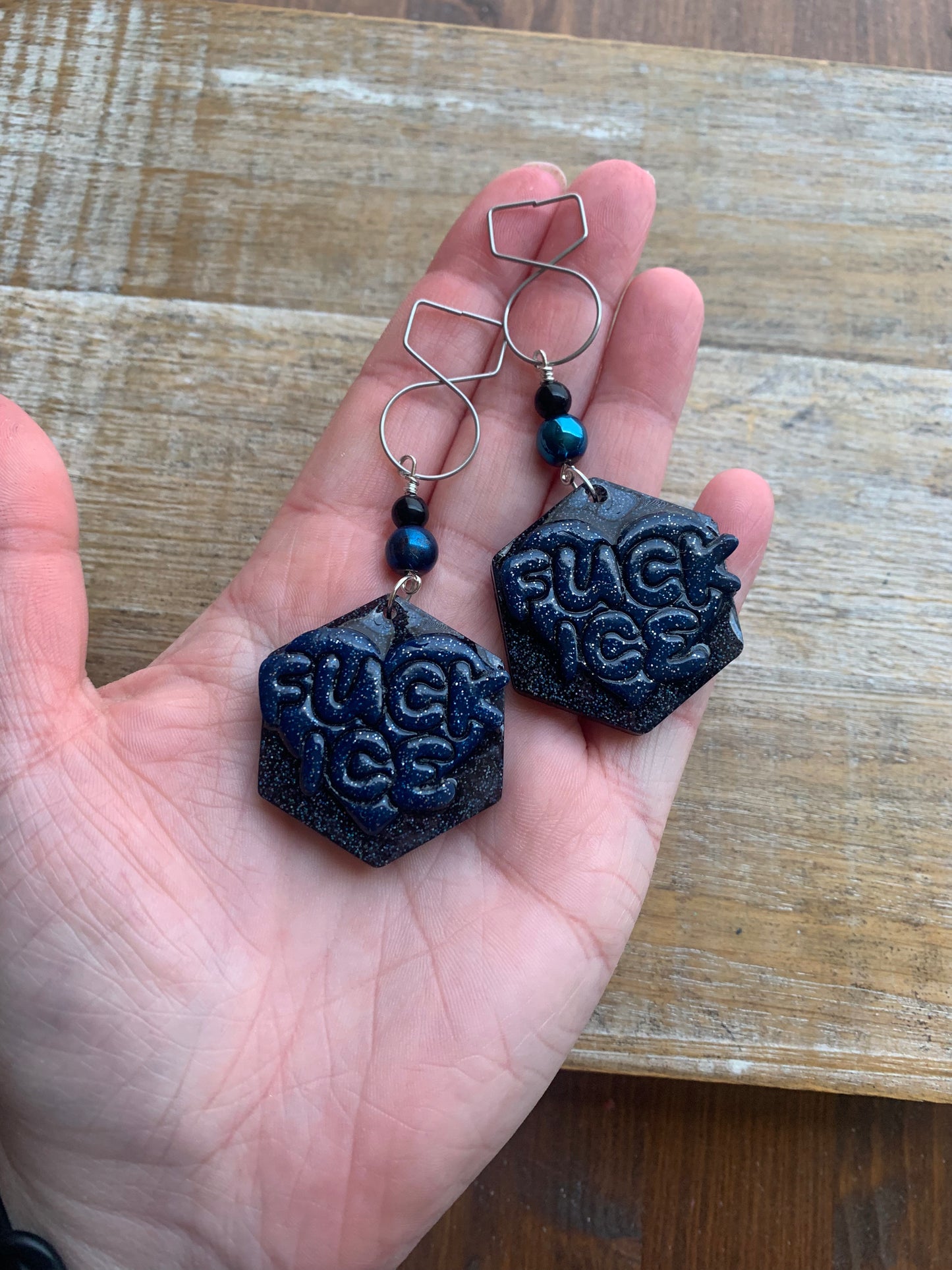 Fuck Ice Protest Activist Tunnel Gauge Earrings Liberal Clip On Earrings Black & Blue Gothic