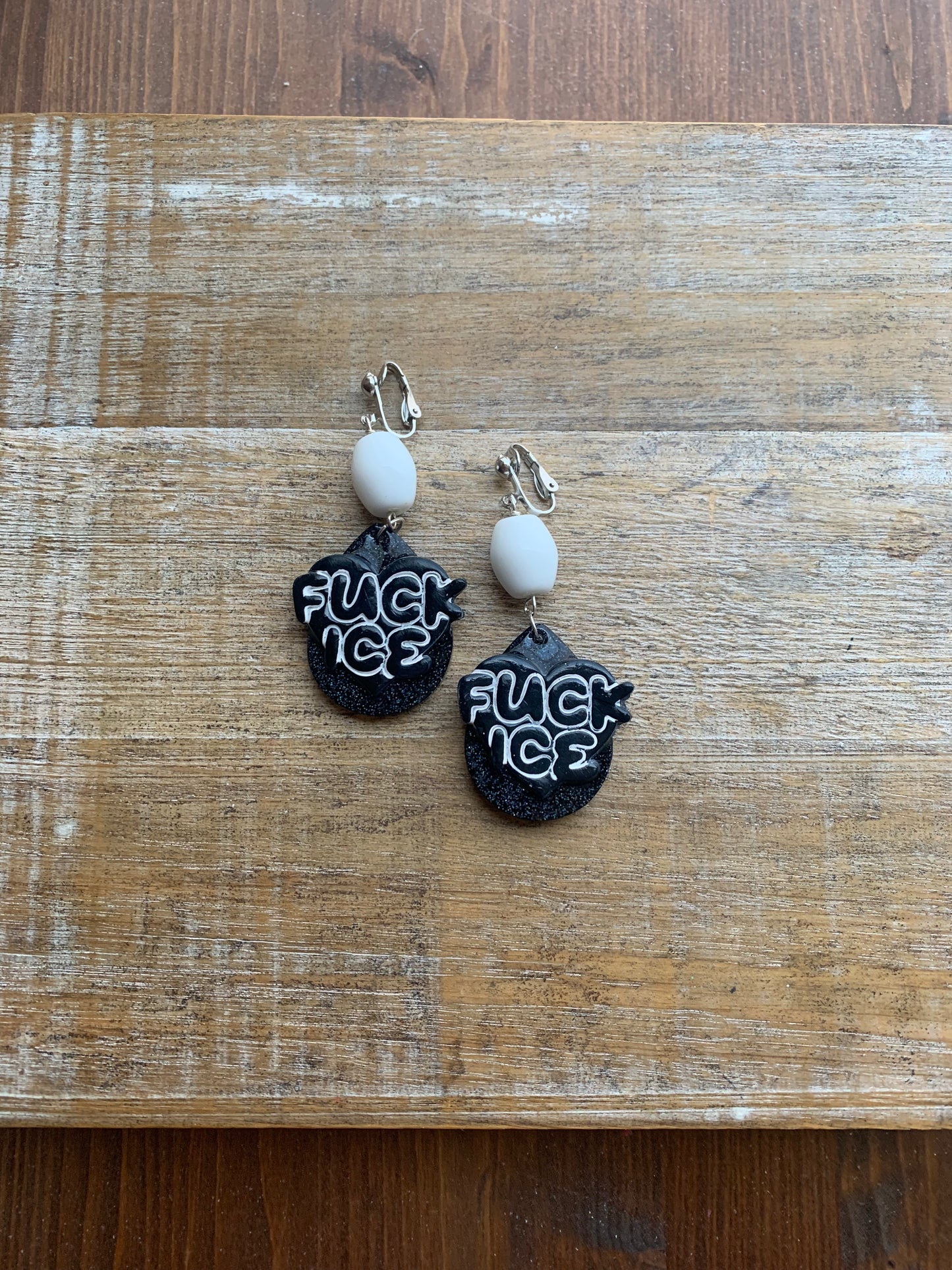 Fuck Ice Protest Activist Clip On Earrings Liberal Earrings Black & White Gothic Ear Hangers