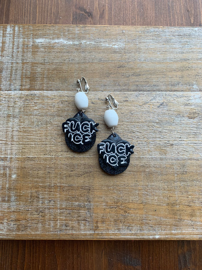 Fuck Ice Protest Activist Clip On Earrings Liberal Earrings Black & White Gothic Ear Hangers