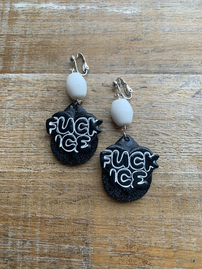 Fuck Ice Protest Activist Clip On Earrings Liberal Earrings Black & White Gothic Ear Hangers