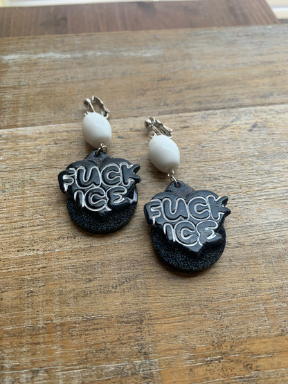 Fuck Ice Protest Activist Clip On Earrings Liberal Earrings Black & White Gothic Ear Hangers