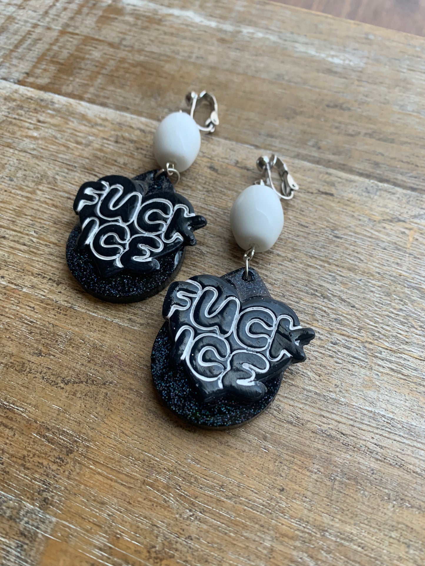 Fuck Ice Protest Activist Clip On Earrings Liberal Earrings Black & White Gothic Ear Hangers