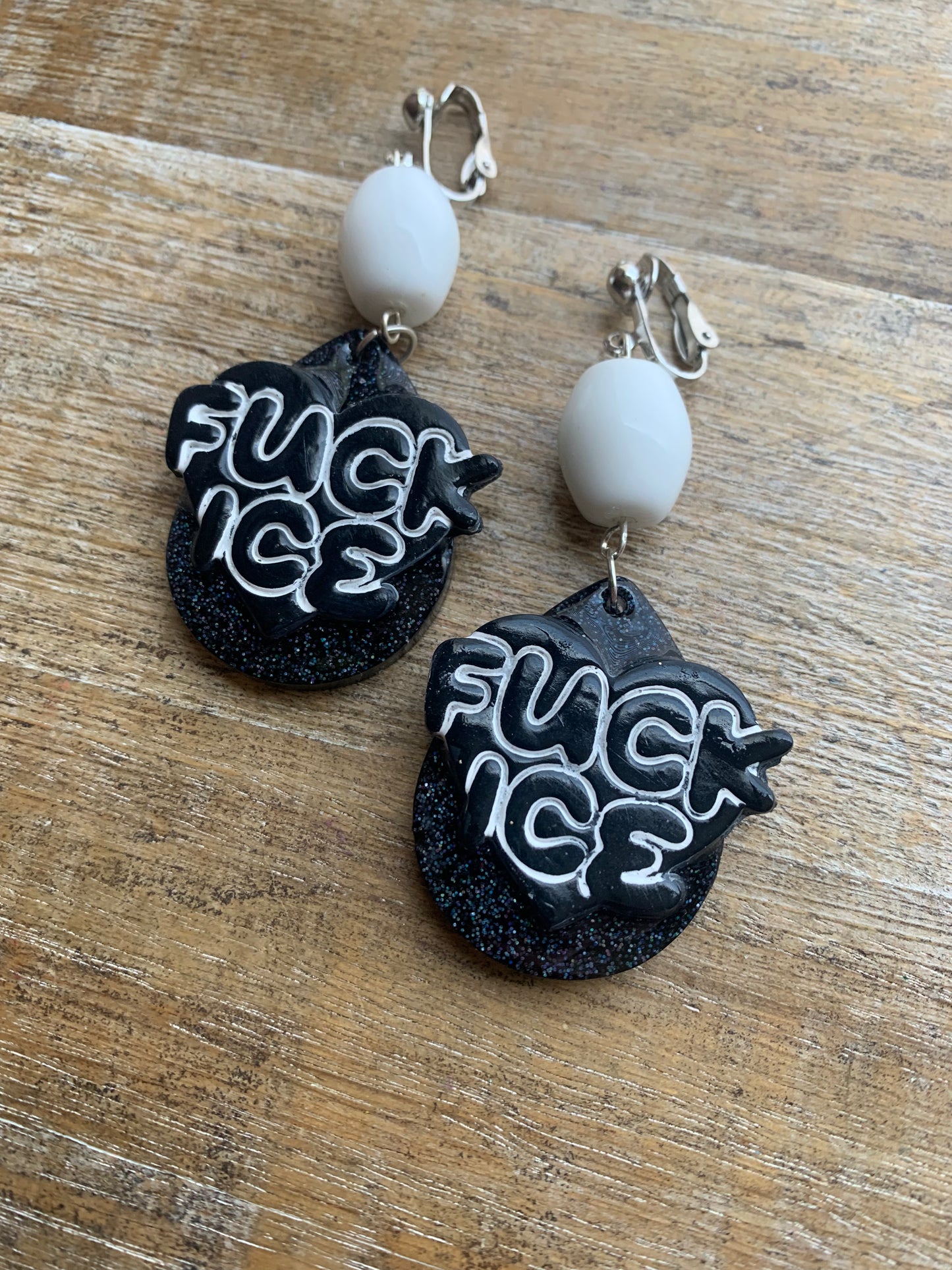 Fuck Ice Protest Activist Clip On Earrings Liberal Earrings Black & White Gothic Ear Hangers