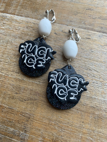 Fuck Ice Protest Activist Clip On Earrings Liberal Earrings Black & White Gothic Ear Hangers